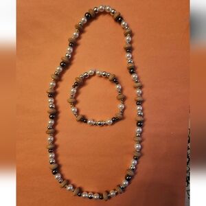 Vintage Wood & Pearl Beaded Jewelry Set | Stretch Necklace + Bracelet | Handmade